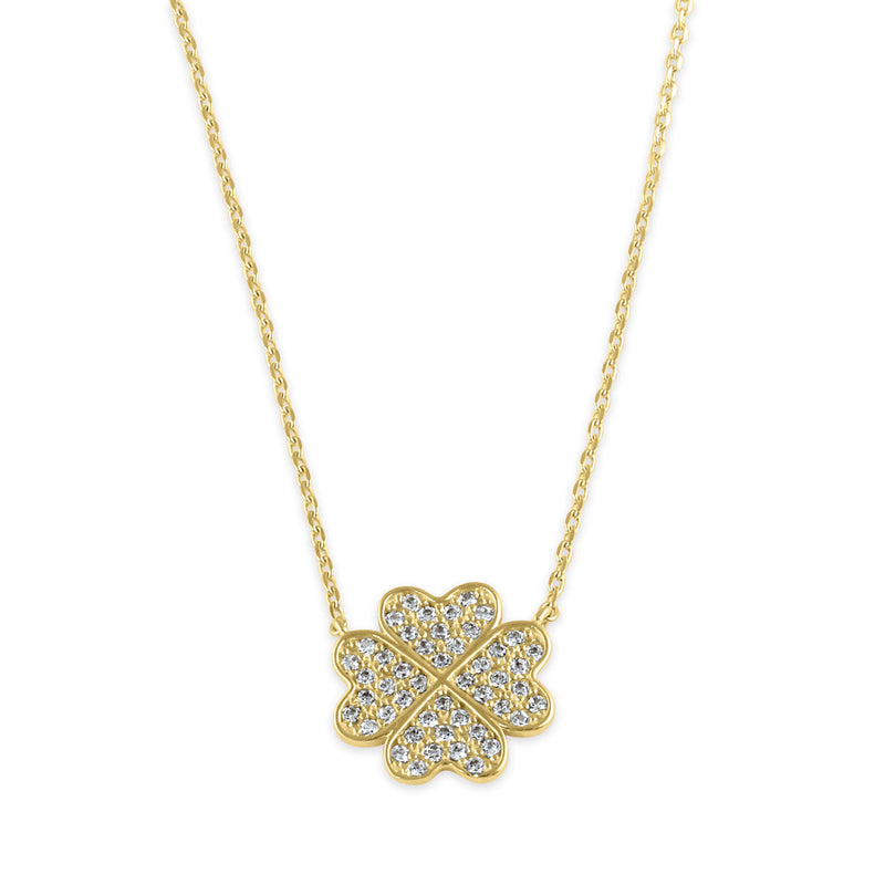 Solid 14K Gold Lucky Four Leaf Clover CZ Necklace