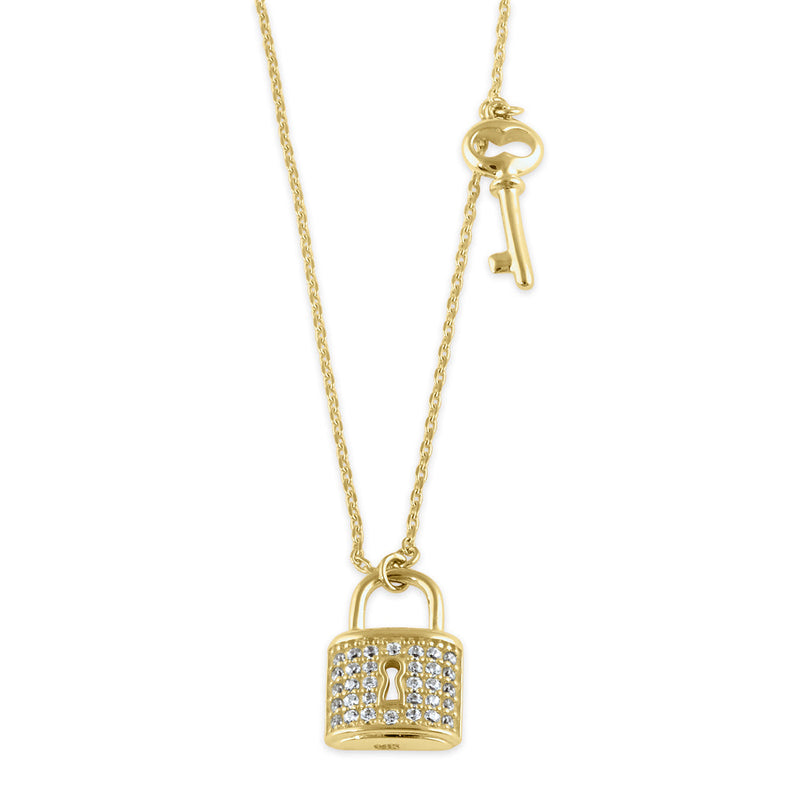 Solid 14K Gold Lock and Key CZ Necklace