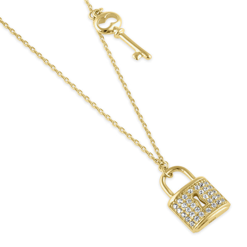 Solid 14K Gold Lock and Key CZ Necklace