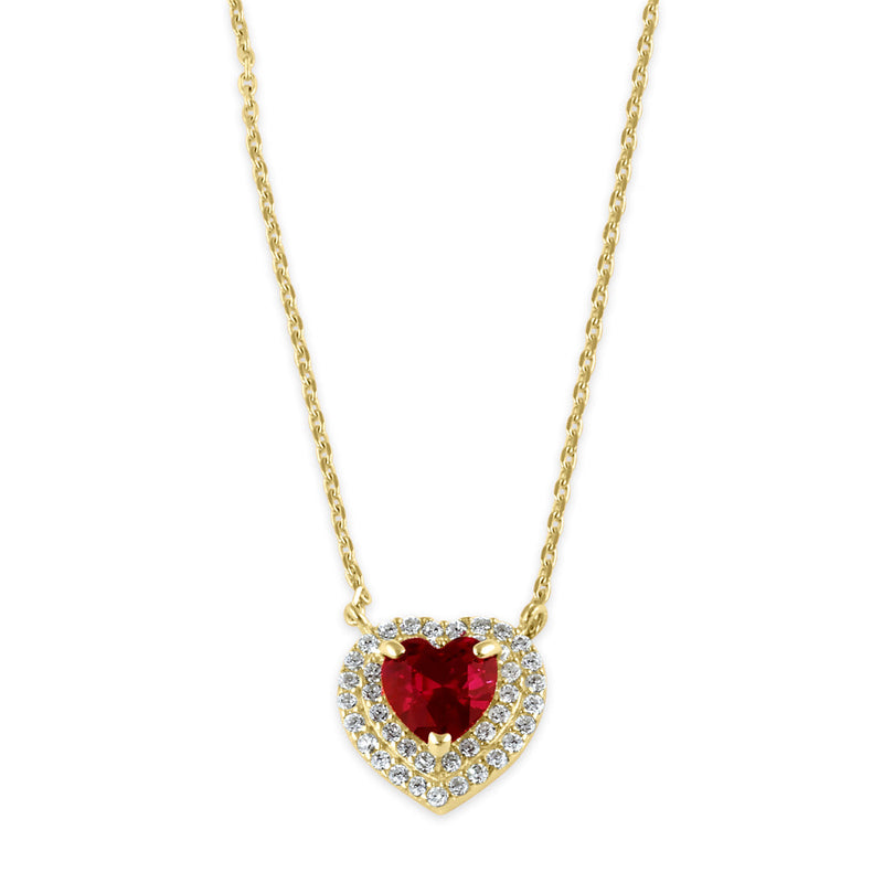 Solid 14K Gold Ruby Halo Heart CZ Necklace