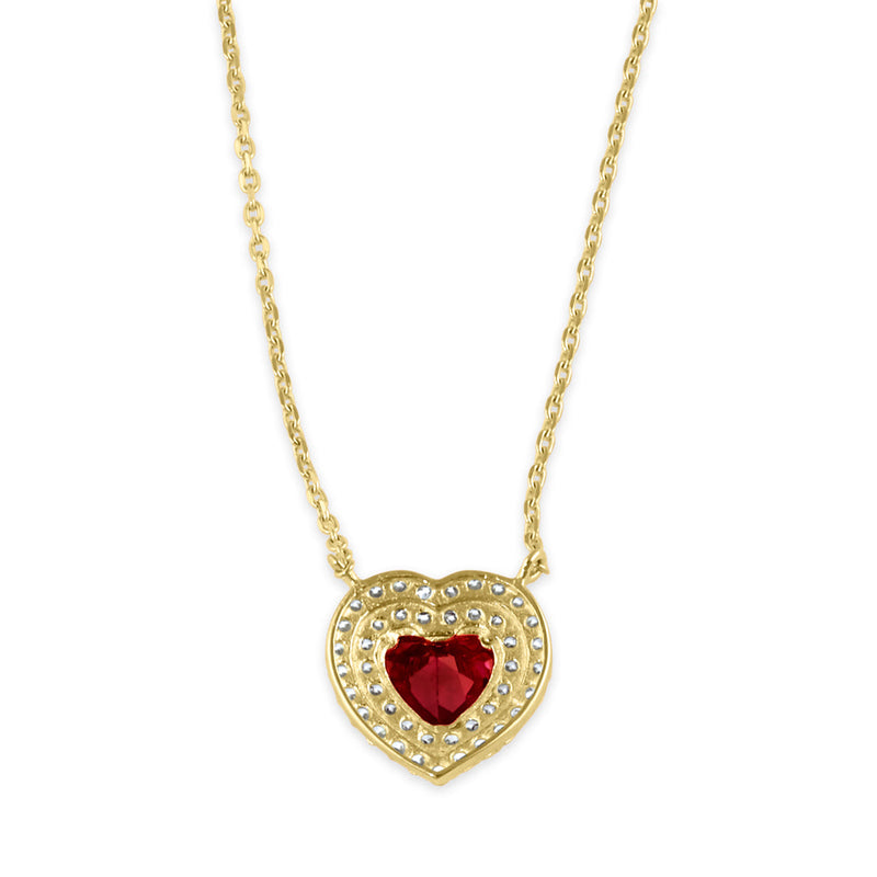 Solid 14K Gold Ruby Halo Heart CZ Necklace