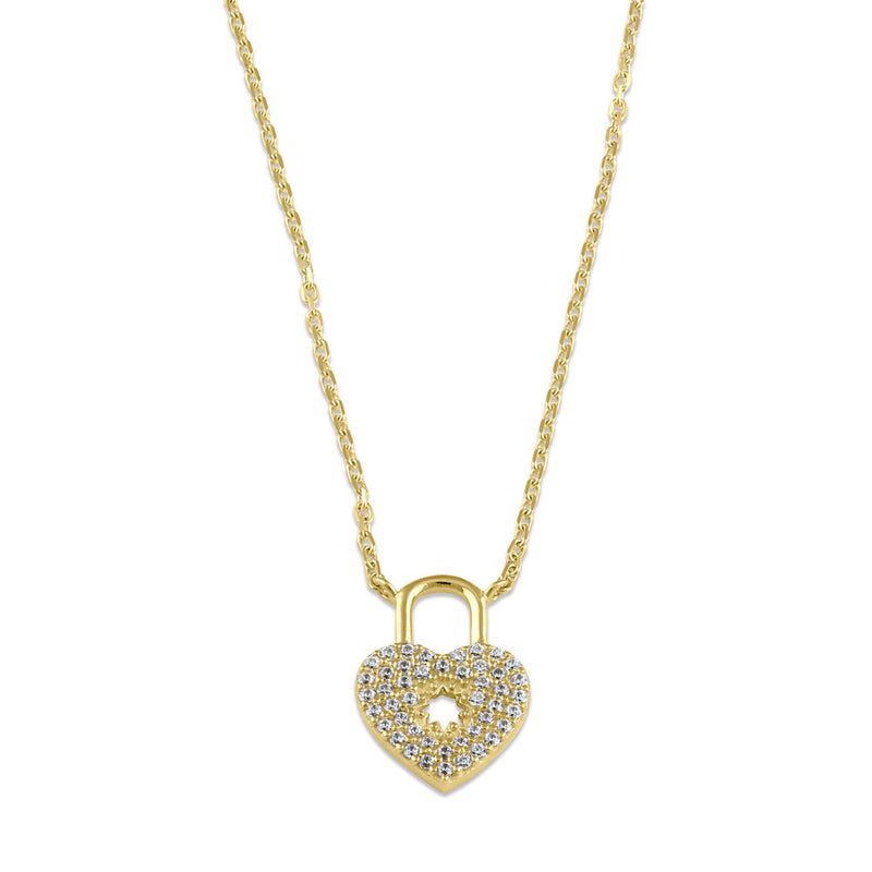 Solid 14K Gold Heart Lock CZ Necklace