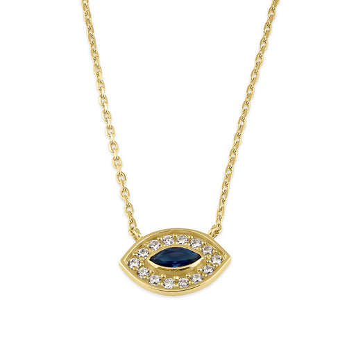 Solid 14K Gold Evil Eye Blue Sapphire CZ Necklace