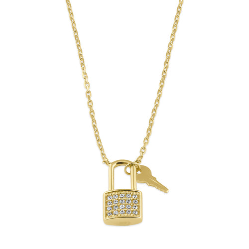 Solid 14K Gold Key and Lock CZ Necklace