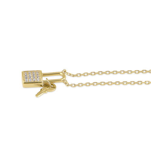 Solid 14K Gold Key and Lock CZ Necklace