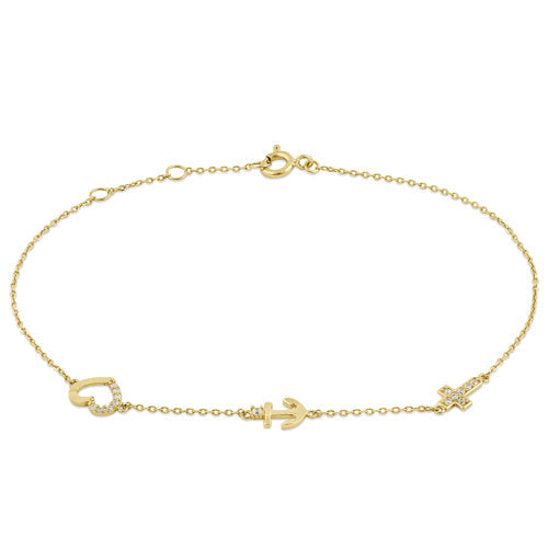 Solid 14K Yellow Gold CZ Heart, Anchor, and Cross Charm Bracelet
