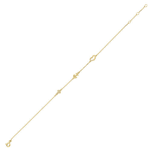 Solid 14K Yellow Gold CZ Heart, Anchor, and Cross Charm Bracelet