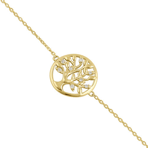 Solid 14K Yellow Gold CZ Tree of Life Bracelet