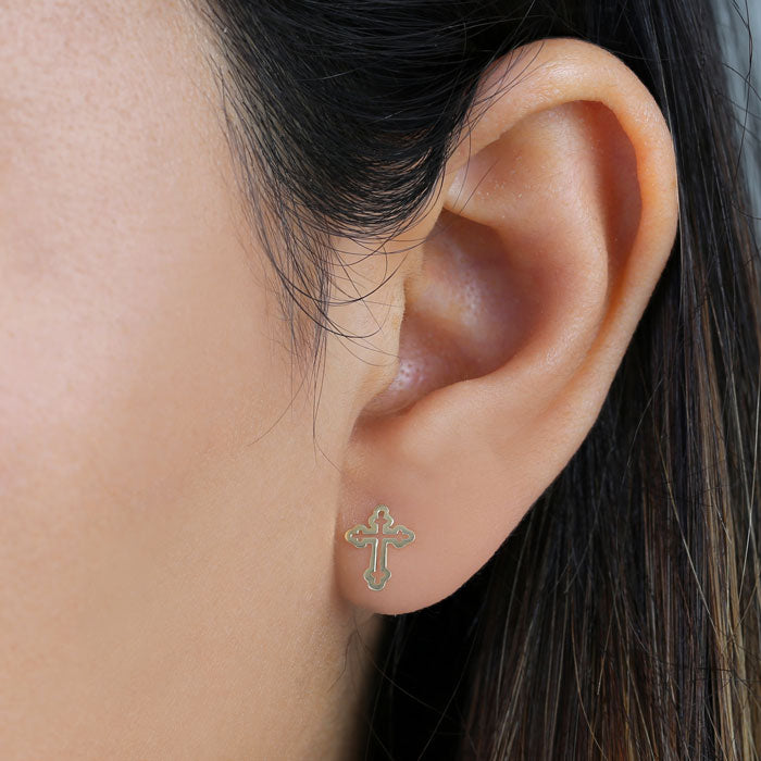 Solid 14K Yellow Gold Budded Cross Earrings