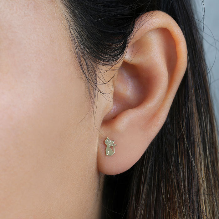 Solid 14K Yellow Gold Cat with Wiskers Earrings