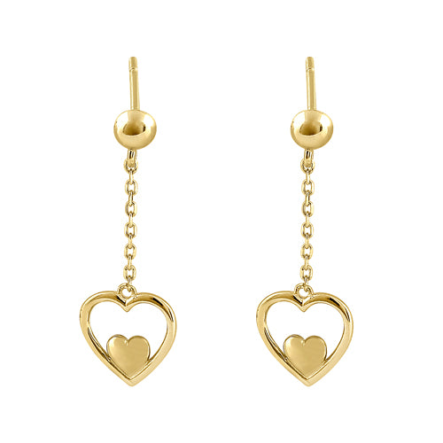Solid 14K Yellow Gold Dangle Heart Earrings
