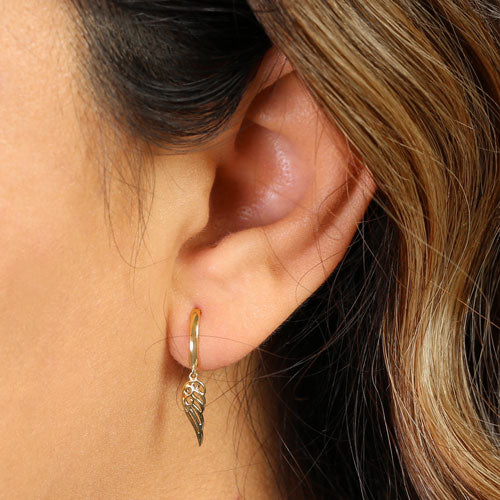 Solid 14K Yellow Gold Dangle Angel Wings Earrrings