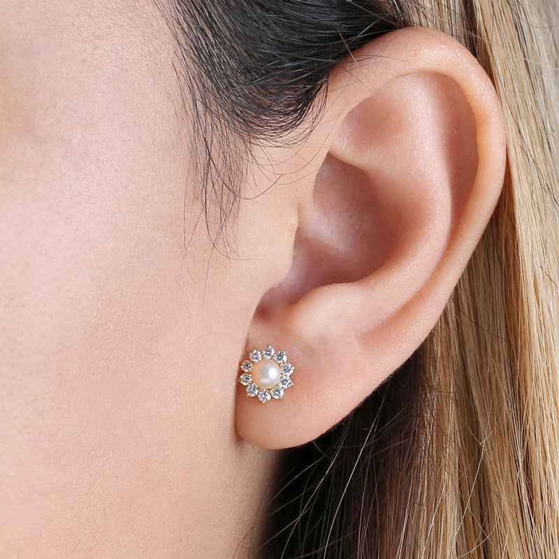 Solid 14K Yellow Gold Pearl Clear CZ Earrings