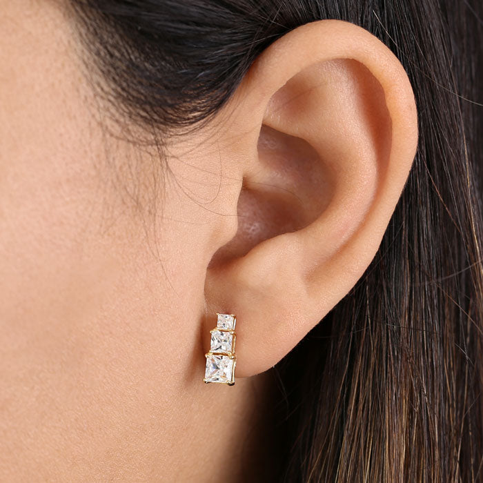 Solid 14K Yellow Gold Triple Princess CZ Earrings