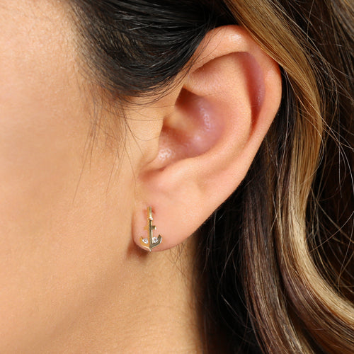 Solid 14K Yellow Gold Dangle Anchor CZ Earrings