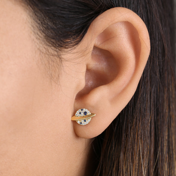 Solid 14K Yellow Gold Planet CZ Earrings