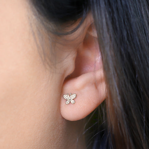 Solid 14K Yellow Gold Round Aurore Butterfly CZ Earrings