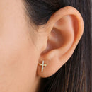 Solid 14K Yellow Gold Winged Cross CZ Earrings