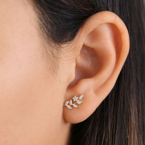 Solid 14K Yellow Gold Trendy Leaf CZ Earrings