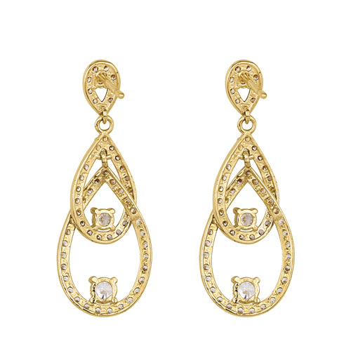 Solid 14K Yellow Gold Triple Drop Dangle CZ Earrings