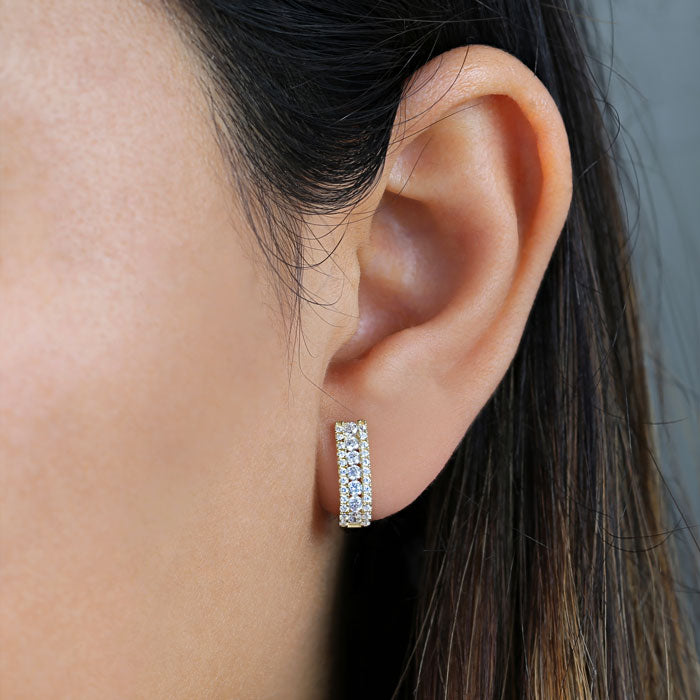 Solid 14K Yellow Gold 4.5mm x 12.5mm Triple Clear CZ Row Hoop Earrings
