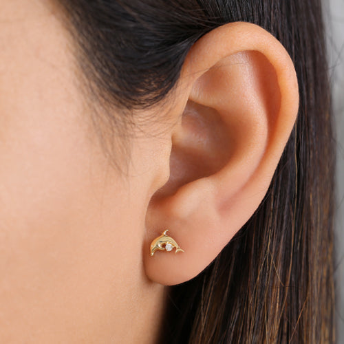 Solid 14K Yellow Gold Leaping Dolphins Clear Round CZ Earrings