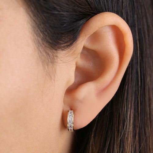 Solid 14K Yellow Gold Half Loop Clear Princess Cut CZ Earrings