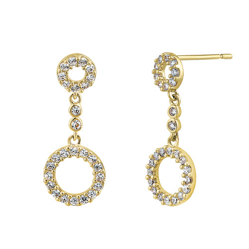 Solid 14K Yellow Gold Dangle Circle Design Clear Round CZ Earrings