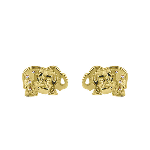 Solid 14K Yellow Gold Glitzy Elephant Clear Round CZ Earrings