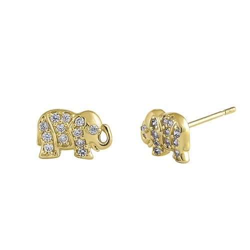 Solid 14K Yellow Gold Glitzy Elephant Clear Round CZ Earrings