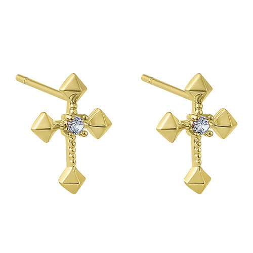 Solid 14K Yellow Gold Antique Cross Clear Round CZ Earrings