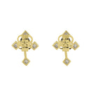 Solid 14K Yellow Gold Antique Cross Clear Round CZ Earrings