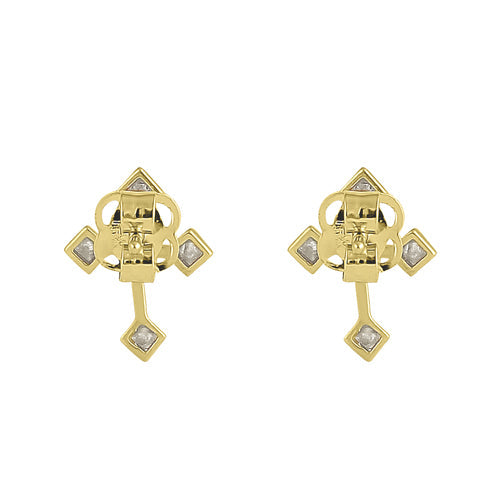 Solid 14K Yellow Gold Antique Cross Clear Round CZ Earrings