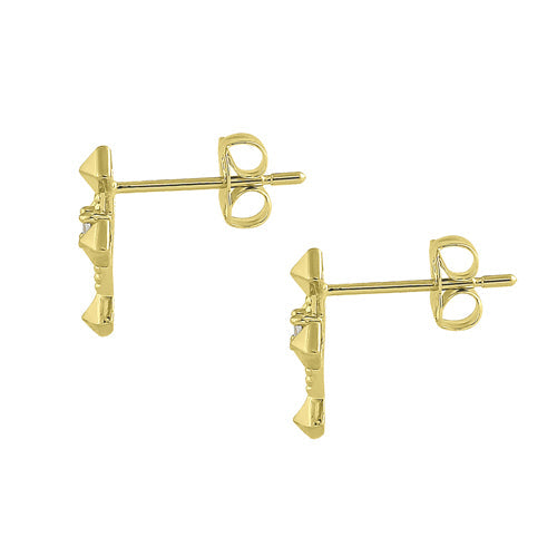 Solid 14K Yellow Gold Antique Cross Clear Round CZ Earrings
