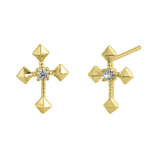 Solid 14K Yellow Gold Antique Cross Clear Round CZ Earrings