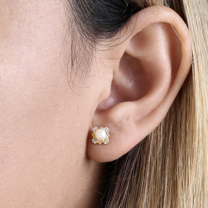 Solid 14K Yellow Gold Treasured Pearl Clear Round CZ Earrings
