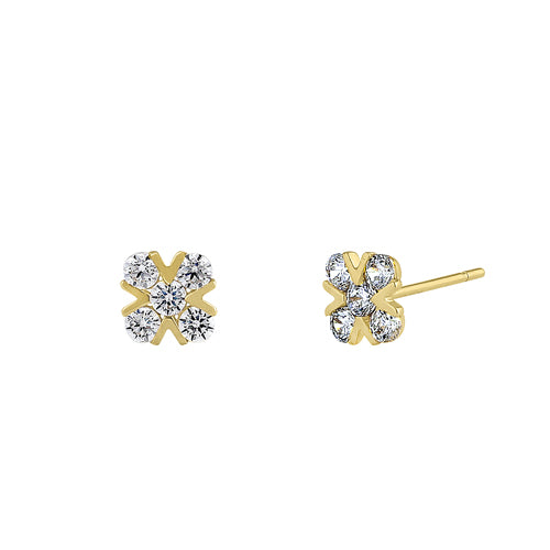 Solid 14K Yellow Gold X Shaped Clear Round CZ Earrings