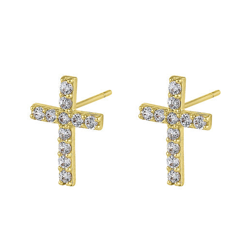 Solid 14K Yellow Gold Simple Cross Clear Round CZ Earrings
