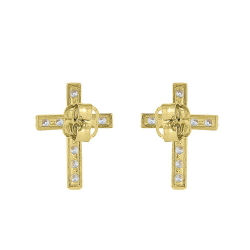 Solid 14K Yellow Gold Simple Cross Clear Round CZ Earrings
