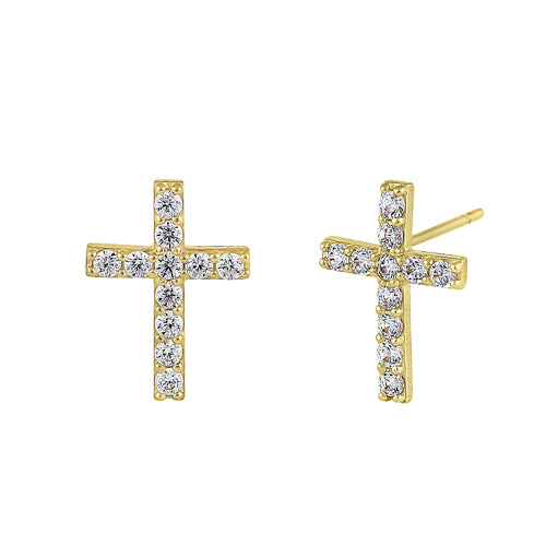 Solid 14K Yellow Gold Simple Cross Clear Round CZ Earrings