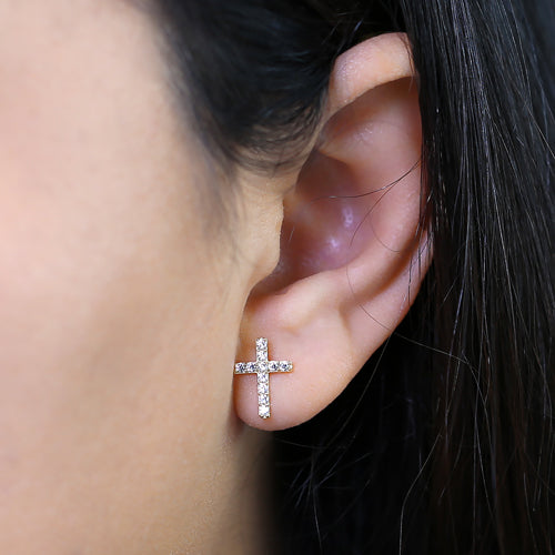 Solid 14K Yellow Gold Simple Cross Clear Round CZ Earrings
