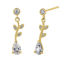 Solid 14K Yellow Gold Dangle Vine Clear Pear Cut & Round CZ Earrings