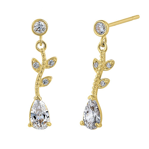 Solid 14K Yellow Gold Dangle Vine Clear Pear Cut & Round CZ Earrings