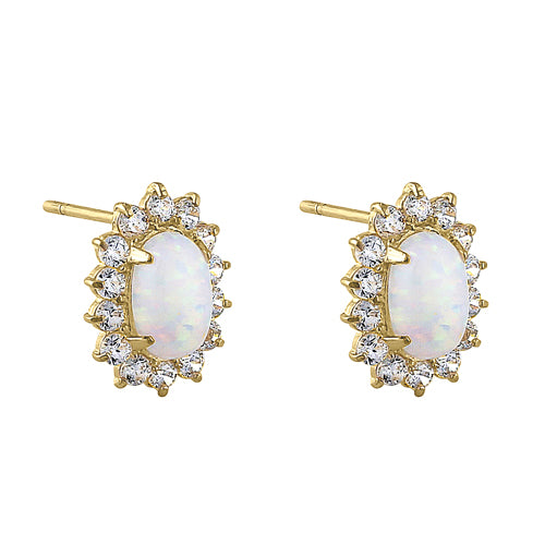 Solid 14K Yellow Gold Oval White Opal Halo Clear Round CZ Earrings