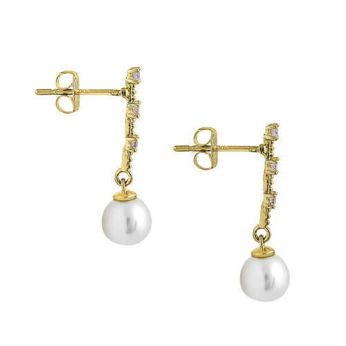 Solid 14K Yellow Gold Dangle Pearl Clear Round CZ Earrings