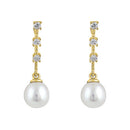 Solid 14K Yellow Gold Dangle Pearl Clear Round CZ Earrings