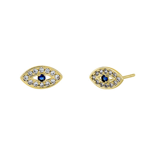Solid 14K Yellow Gold Evil Eye Blue Sapphire & Clear Round CZ Earrings