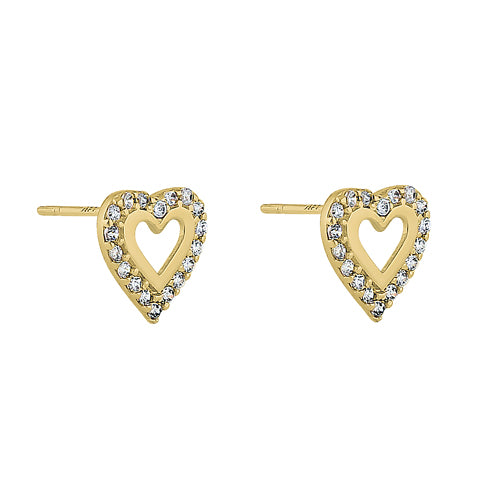 Solid 14K Yellow Gold Inner Heart Clear Round CZ Earrings