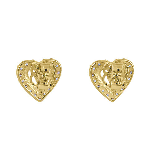 Solid 14K Yellow Gold Inner Heart Clear Round CZ Earrings