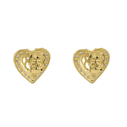 Solid 14K Yellow Gold Inner Heart Clear Round CZ Earrings